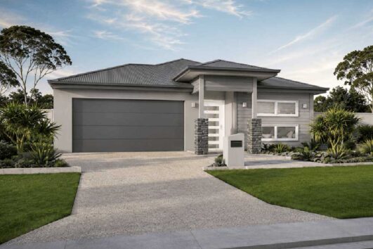 Modern gray single-story house with a two-car garage, concrete driveway, and manicured lawn front yard.