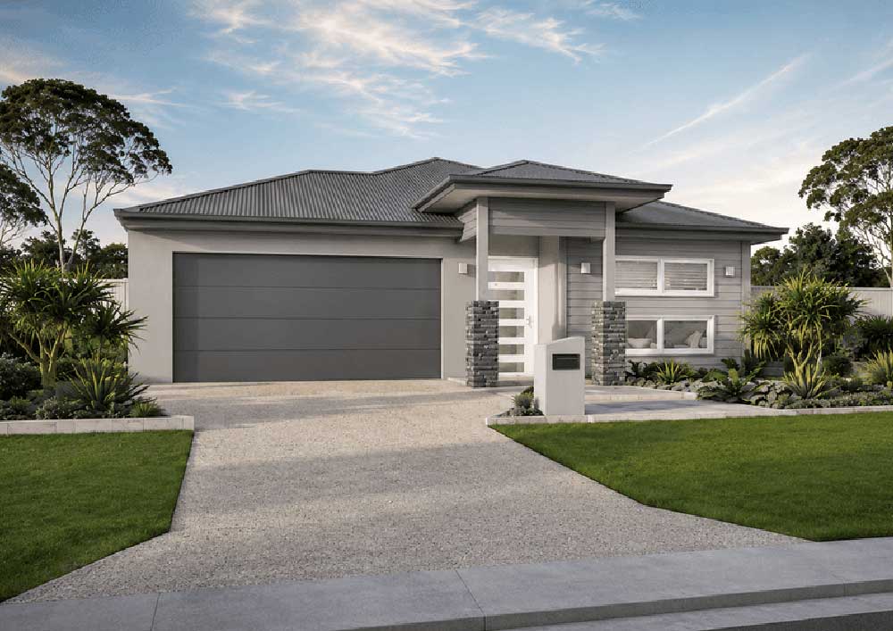 1621-Evodia-Mayfair-222 - Fresh Homes Modern gray single-story house with a two-car garage, concrete driveway, and manicured lawn front yard.