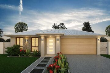 Modern single-story home with a two-car garage, neutral facade, and landscaped front yard with stepping-stone path.