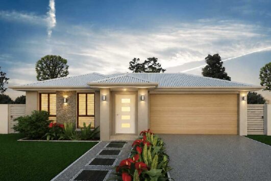 Modern single-story home with a two-car garage, neutral facade, and landscaped front yard with stepping-stone path.