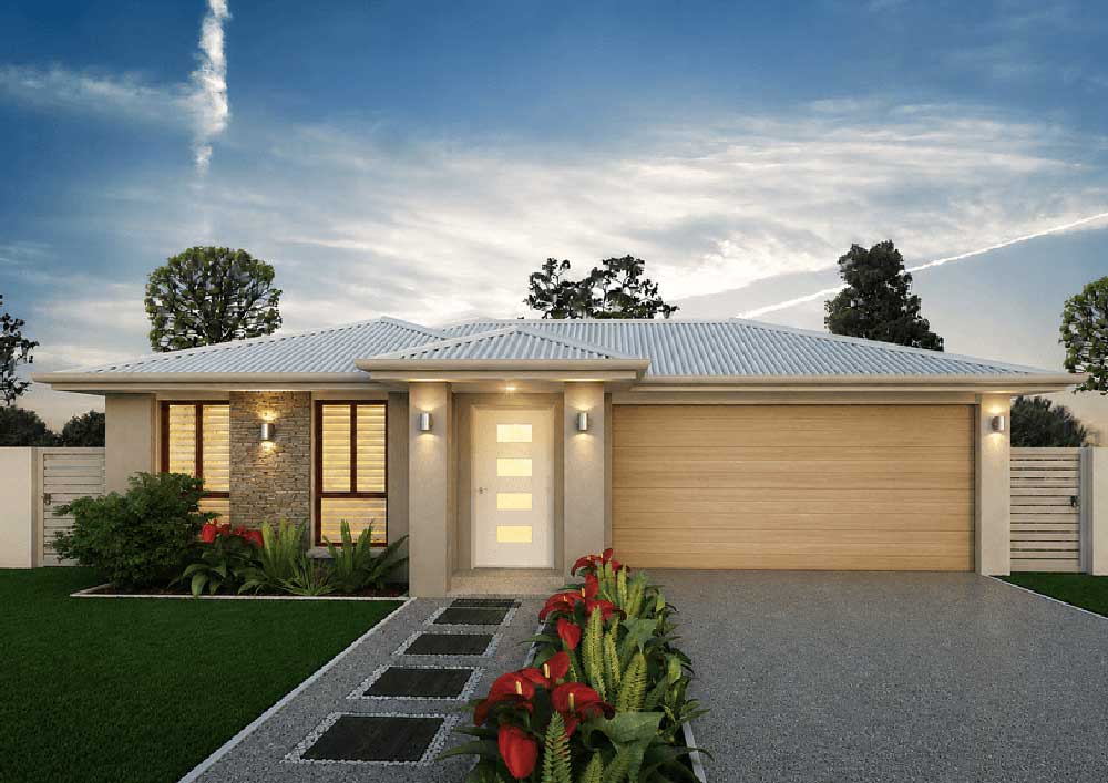 Modern single-story home with a two-car garage, neutral facade, and landscaped front yard with stepping-stone path.