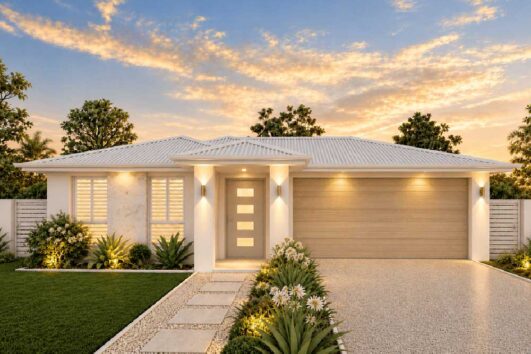 Modern single-story home with a two-car garage, white facade, and illuminated entry at sunset.