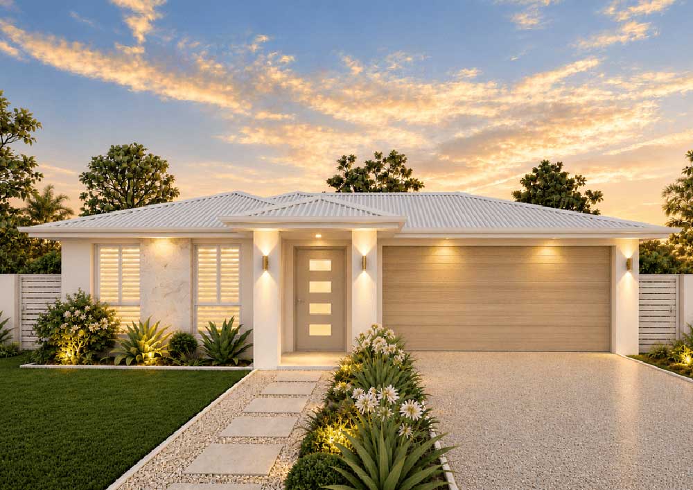 1665-Hydrangea-Maybrook-200 - Fresh Homes Modern single-story home with a two-car garage, white facade, and illuminated entry at sunset.