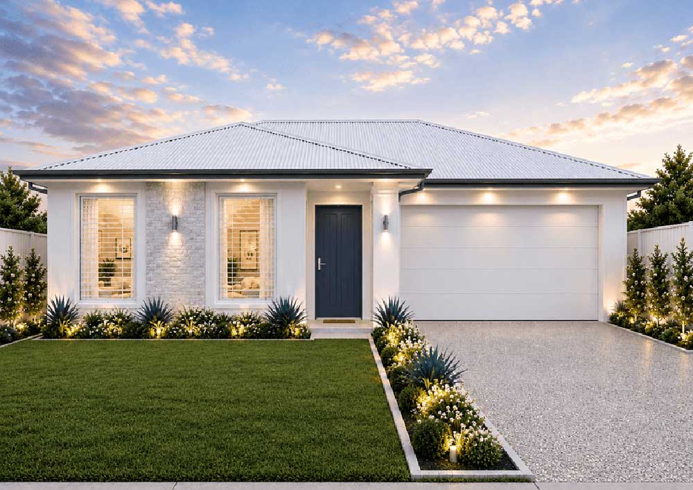1666-Hydrangea-Mayfair-185 - Fresh Homes Modern single-story white house with a dark blue front door, two front windows, and a large two-car garage, landscaped front yard at dusk.