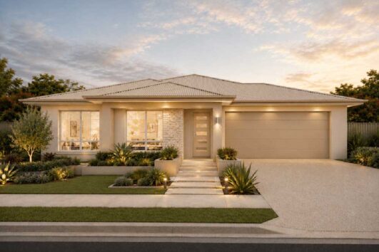 Modern single-story suburban house at dusk with a two-car garage and manicured front yard garden paths leading to the entryway.