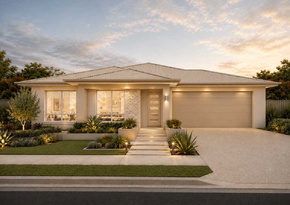 Modern single-story suburban house at dusk with a two-car garage and manicured front yard garden paths leading to the entryway.