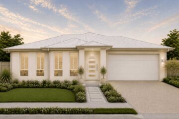 Modern single-story cream house with a white metal roof, front entryway, and a two-car garage, landscaped front yard and walkway.