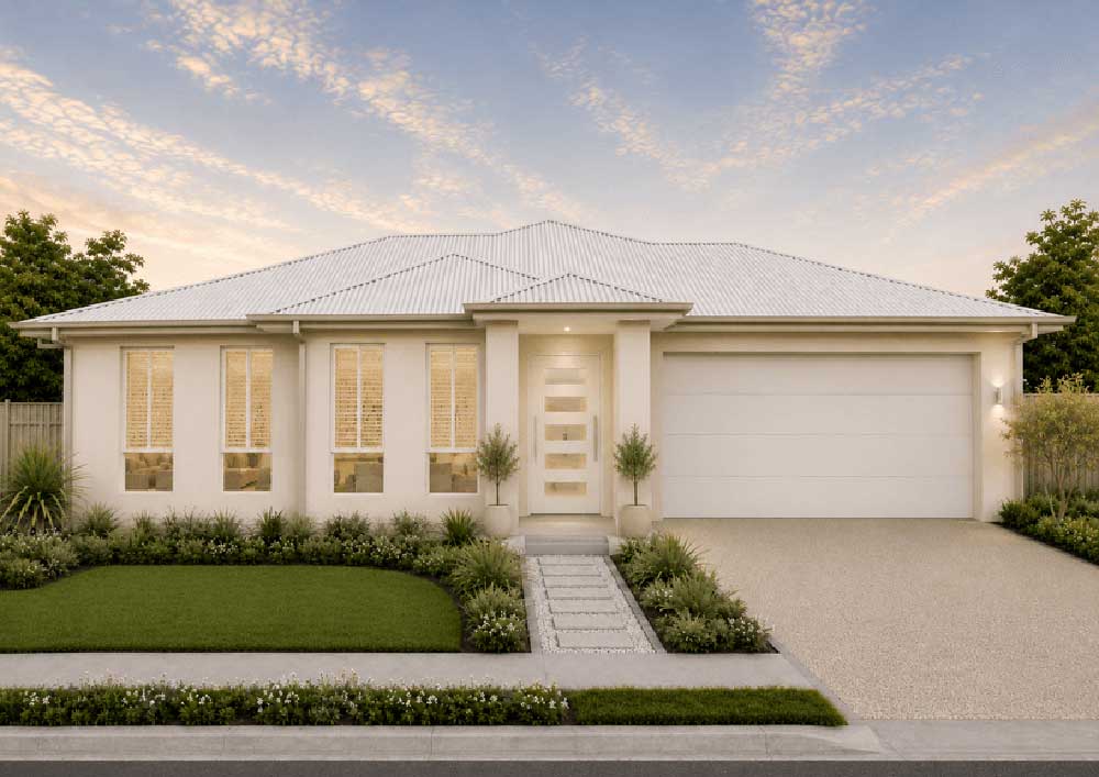 Modern single-story cream house with a white metal roof, front entryway, and a two-car garage, landscaped front yard and walkway.