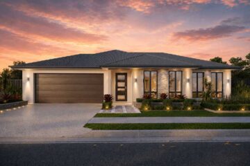 18-Ranana-Bond-220 - Fresh Homes Modern single-story house with a two-car garage, stone accent wall, and landscaped front yard at sunset.