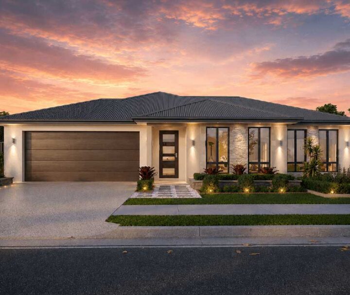 18-Ranana-Bond-220 - Fresh Homes Modern single-story house with a two-car garage, stone accent wall, and landscaped front yard at sunset.