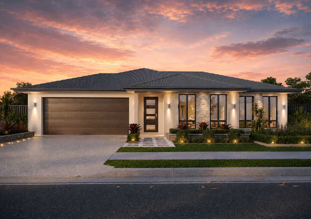 18-Ranana-Bond-220 - Fresh Homes Modern single-story house with a two-car garage, stone accent wall, and landscaped front yard at sunset.