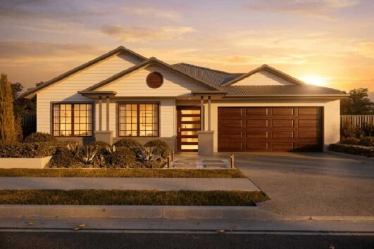 Suburban single-family house at sunset with a two-car wooden garage door and front yard landscaping.