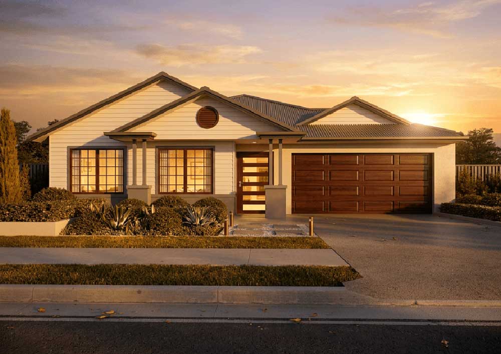 22-Ranana-Sandtree - Fresh Homes Suburban single-family house at sunset with a two-car wooden garage door and front yard landscaping.