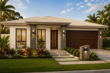 22-Ranana-Waratah-185 - Fresh Homes Modern single-story home with a two-car wooden garage door, stone pillars, and warm exterior lighting; landscaped front yard with tropical plants and a concrete walkway leading to a wooden front door.
