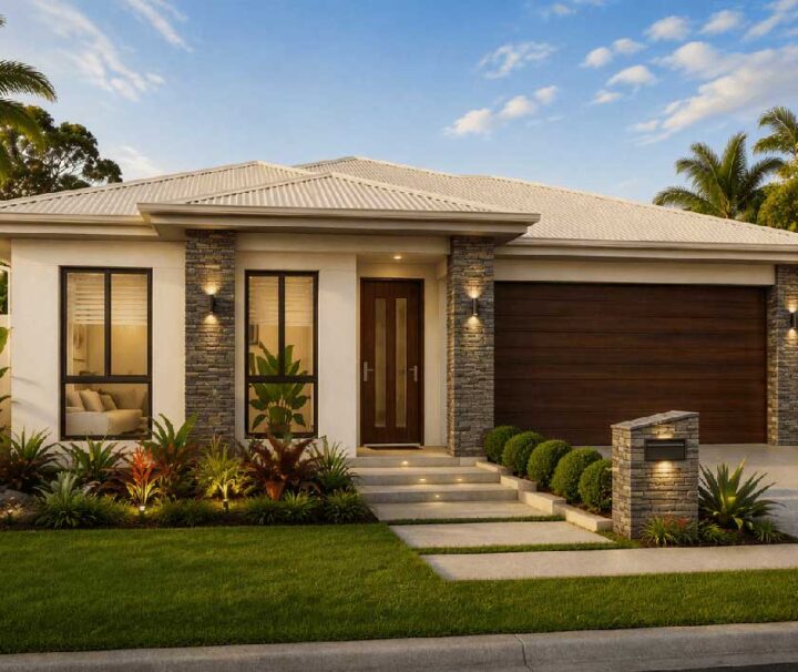 22-Ranana-Waratah-185 - Fresh Homes Modern single-story home with a two-car wooden garage door, stone pillars, and warm exterior lighting; landscaped front yard with tropical plants and a concrete walkway leading to a wooden front door.