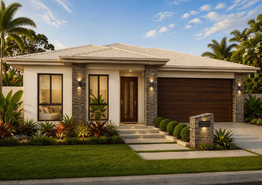 22-Ranana-Waratah-185 - Fresh Homes Modern single-story home with a two-car wooden garage door, stone pillars, and warm exterior lighting; landscaped front yard with tropical plants and a concrete walkway leading to a wooden front door.