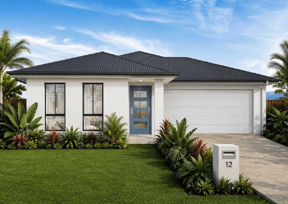 389-Babinda-Jacaranda - Fresh Homes Front view of a modern, single-story house with a blue entry door, gray roof, white walls, and a two-car garage, surrounded by tropical landscaping and a green lawn.