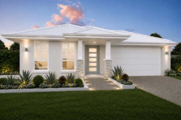 4-Plumbago-Mayfair-185-NEW - Fresh Homes Modern single-story white house with a covered front porch, stone pillars, and a two-car garage; landscaped yard with low shrubs and pathway lights at dusk.
