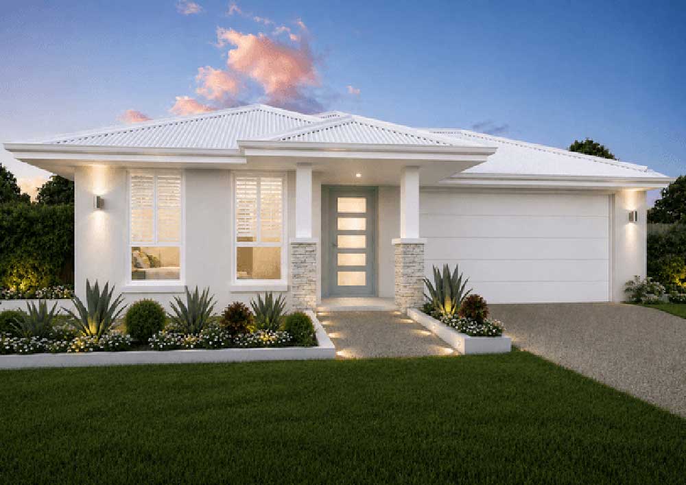 4-Plumbago-Mayfair-185-NEW - Fresh Homes Modern single-story white house with a covered front porch, stone pillars, and a two-car garage; landscaped yard with low shrubs and pathway lights at dusk.