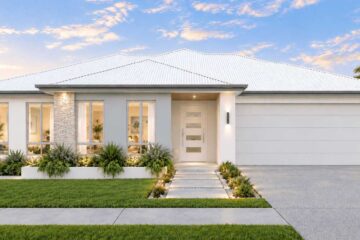461-Millstream-Bond-220 - Fresh Homes Modern single-story house with white exterior, stone accent wall, and a neatly landscaped front yard with a walkway to the front door.