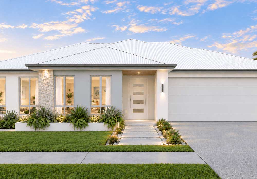 461-Millstream-Bond-220 - Fresh Homes Modern single-story house with white exterior, stone accent wall, and a neatly landscaped front yard with a walkway to the front door.