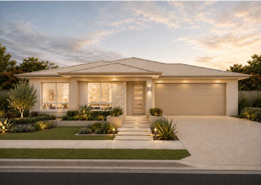 Modern single-story house with a two-car garage, illuminated entrance, and manicured front yard at dusk.
