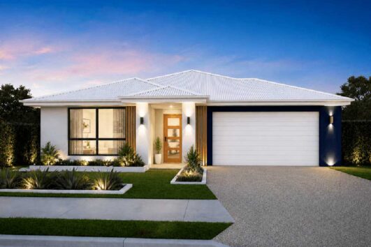 Modern single-story home with white facade, wooden front door, and a two-car garage, at dusk.