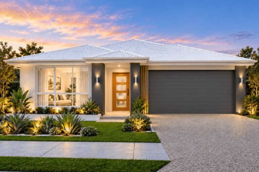 Single-story modern house with a white roof, wooden front door, and a two-car gray garage, illuminated landscaping at dusk.