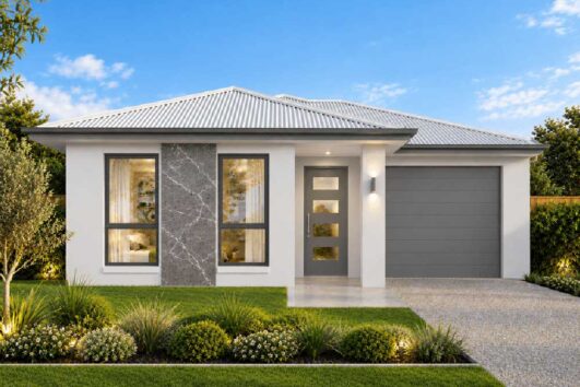 Modern single-story house with gray garage door, stone accent wall, and manicured front yard.