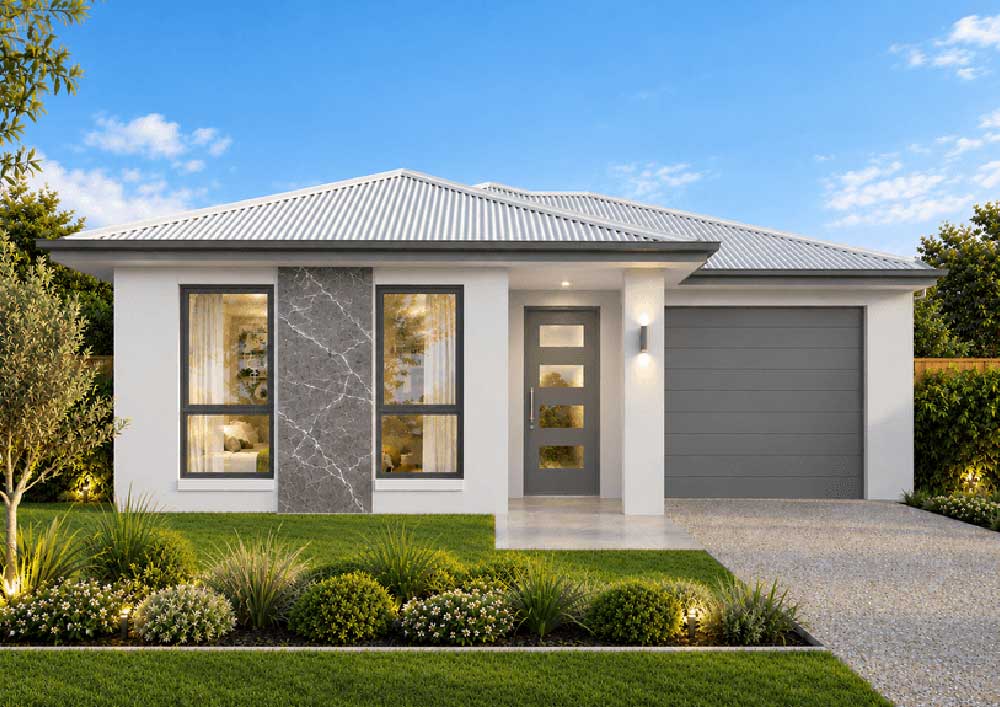 5175-Bridgemere-Jacaranda - Fresh Homes Modern single-story house with gray garage door, stone accent wall, and manicured front yard.