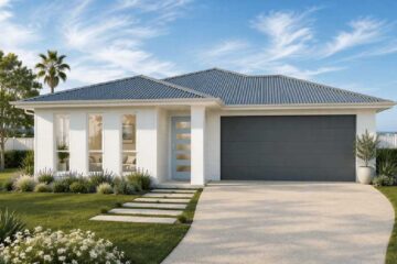 Modern single-story white house with a gray tiled roof, a two-car garage, and a curved driveway.