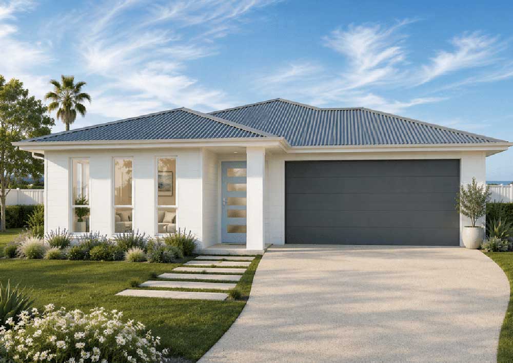 543-Whippet-Dakota-185 - Fresh Homes Modern single-story white house with a gray tiled roof, a two-car garage, and a curved driveway.