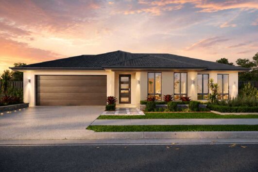 Modern single-story home with a two-car garage and a manicured front yard at sunset.