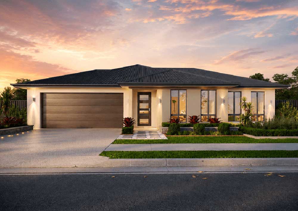 561-Donohues-Bond-228 - Fresh Homes Modern single-story home with a two-car garage and a manicured front yard at sunset.