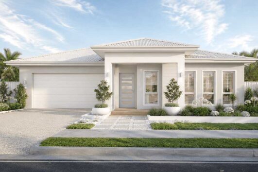 Modern white, single-story house with a two-car garage, front steps, and landscaped yard