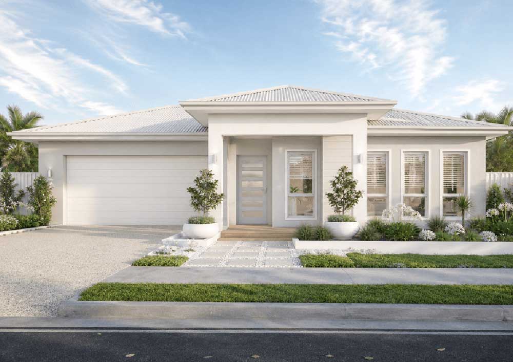 Modern white, single-story house with a two-car garage, front steps, and landscaped yard