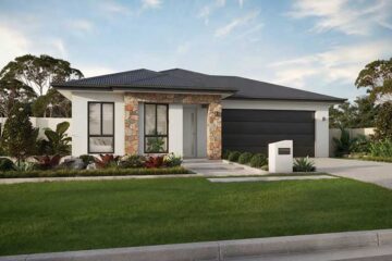 Modern single-story home with stone accents, white exterior, and a dark garage door set off by a manicured front yard.