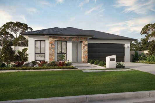 Modern single-story home with stone accents, white exterior, and a dark garage door set off by a manicured front yard.