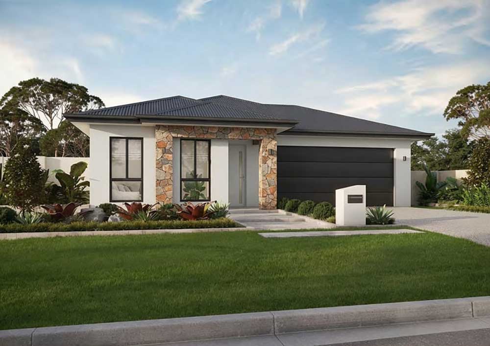 577-Donohues-Dakota - Fresh Homes Modern single-story home with stone accents, white exterior, and a dark garage door set off by a manicured front yard.