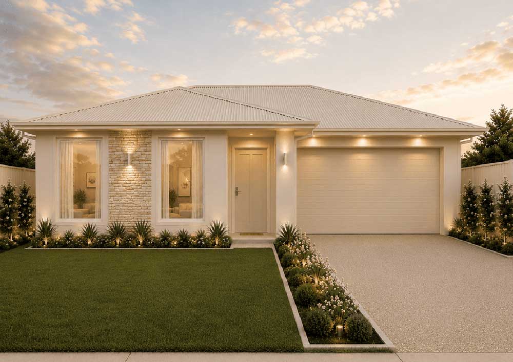 Modern single‑story home with stone facade, manicured lawn, and warm entry lights at dusk.