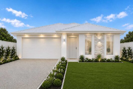 Front view of a modern white house with a two-car garage, green lawn, and stone accent near the entrance.