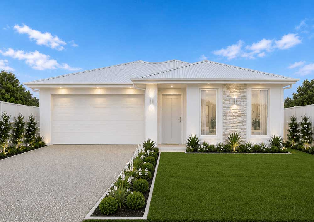 Front view of a modern white house with a two-car garage, green lawn, and stone accent near the entrance.