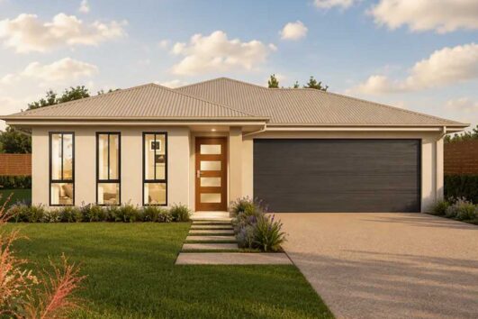 Modern single-story home with a beige facade, four tall vertical windows, a wooden front door, and a dark double garage with a manicured lawn beside a concrete path to the entrance under a sunny sky.