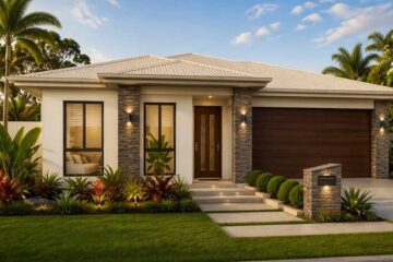 Modern single-story house with a two-car garage, trimmed lawn, and palm landscaping at dusk.