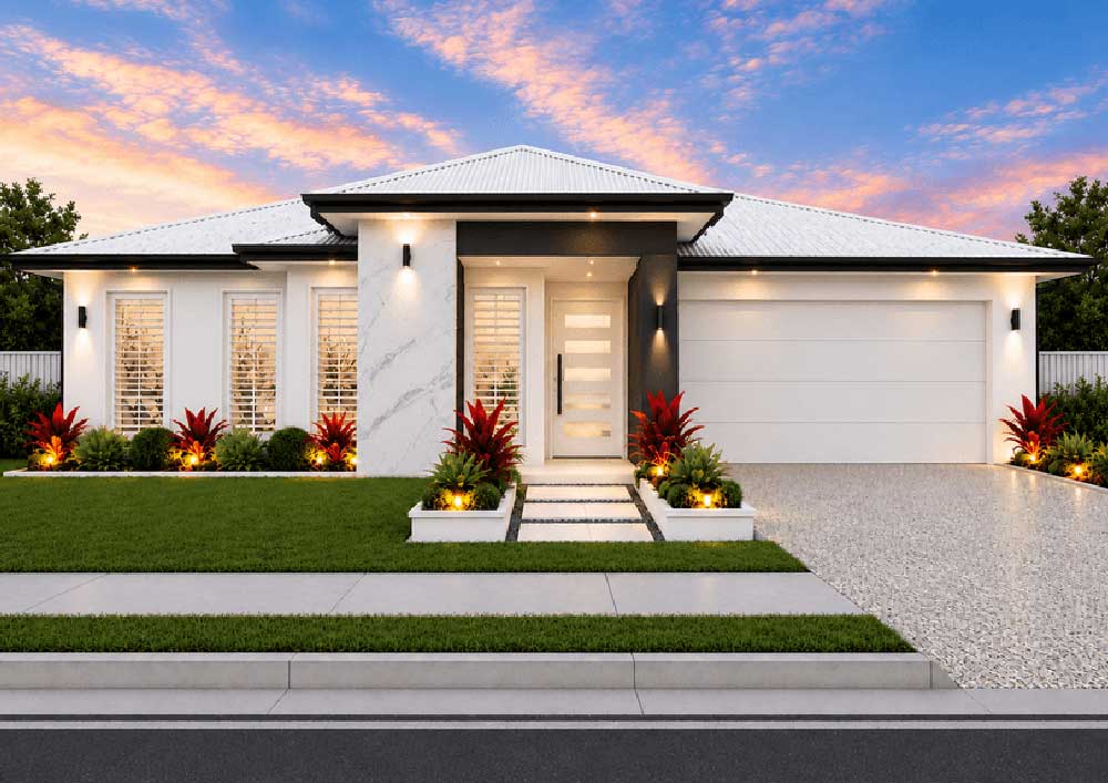 8218-Chanctonbury-Bond-232 - Fresh Homes Modern single-story house with a white facade, front steps, and a two-car garage, lit at dusk with landscaped red-leaf plants and a dotted stone driveway.