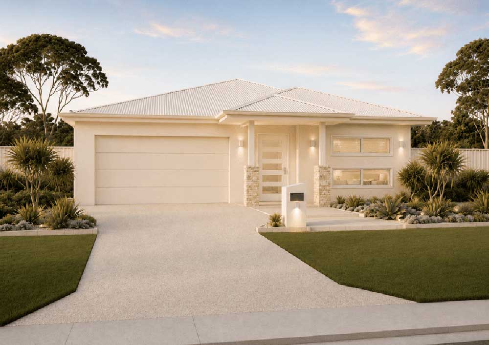Modern single-story house with a two-car garage, beige exterior, and desert landscaping in the front yard.