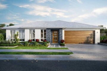 Modern single-story house with white exterior, stone accents, and a double wooden garage door on a manicured lawn.