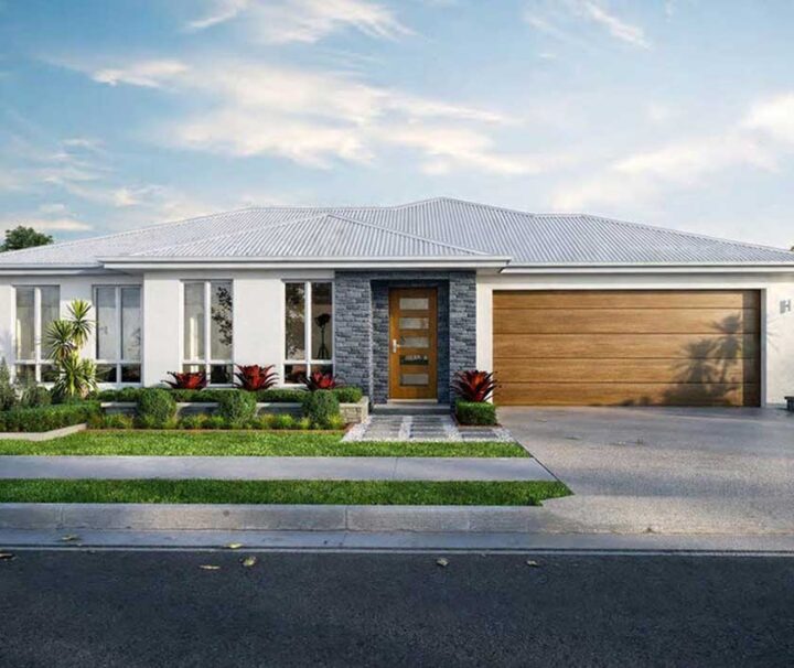 Modern single-story house with white exterior, stone accents, and a double wooden garage door on a manicured lawn.