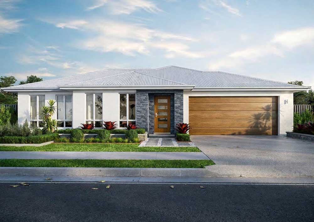 Modern single-story house with white exterior, stone accents, and a double wooden garage door on a manicured lawn.