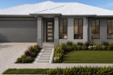 Modern gray, single-story house with a metal roof, two large windows, and a manicured front yard with a stepping-stone path to the front door.